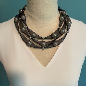 GALALINIA Three Strand Black Mesh Necklace with Pearls & Rhinestones NEW 18”-19”